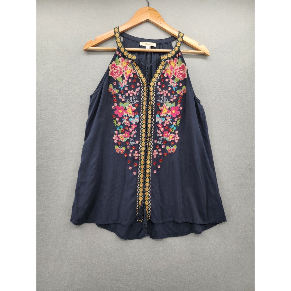 Andree by Unit Navy Blue Floral Embroidered Halter Top Tassel Boho Tank Small